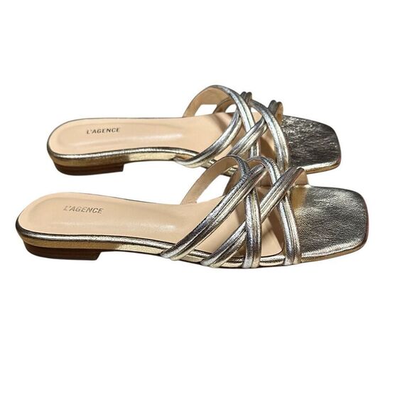 L’agence Abelle Flat Sandal in Gold/Silver Crackle NWB Size 8 - Picture 4 of 10